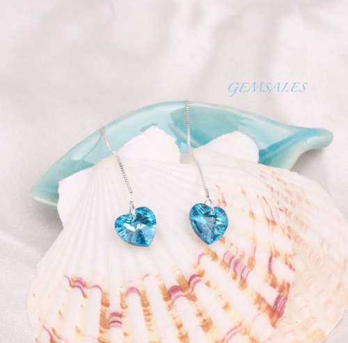 *AQUA BLUE SWAROVSKI SILVER CHAIN EARRINGS* S925 #STUNNING#