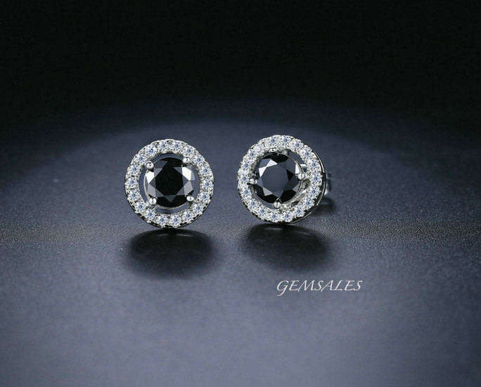0.75ct  BLACK CZ IN HALO SETTING STUD EARRINGS