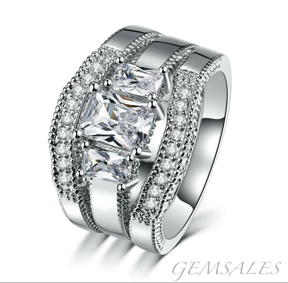 SPECTACULAR 1.06ct & 2 x 0.29ct EMERALD CUT SIM DIAMOND CZ WEDDING SET *18KGP* SIZE  7  - O - 54.5mm