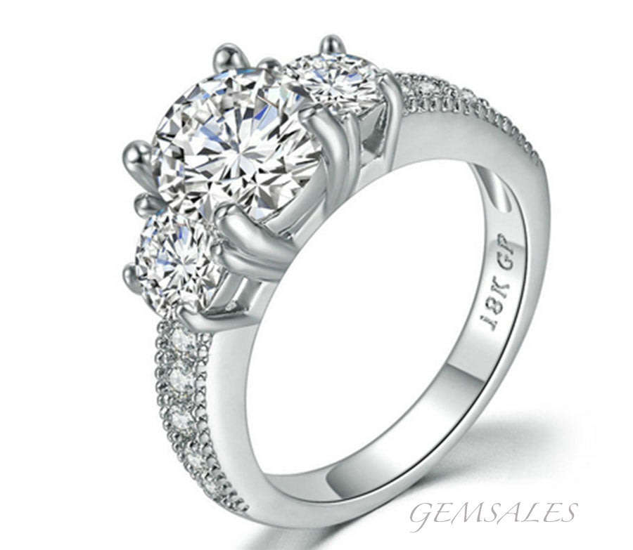 BRILLIANT CUT 3.46ct Cr Diamond CZ Ring Trilogy *SENSATIONAL*18KGP*    SIZE  8  -  Q  -  57mm