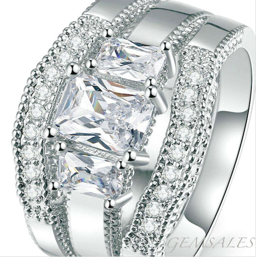 SPECTACULAR 1.06ct & 2 x 0.29ct EMERALD CUT SIM DIAMOND CZ WEDDING SET *18KGP* SIZE  8  - Q - 57mm