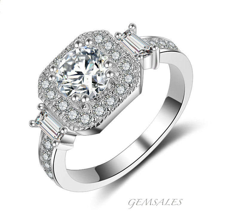 0.75ct SIM DIAMOND CZ IN HALO SETTING *BAGUETTE INLAY* #S925#  SIZE    7  -  O - 54.5mm