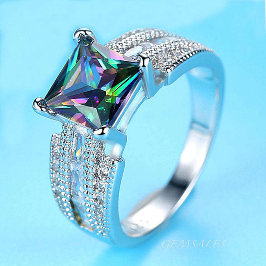 3ct. PRINCESS CUT MYSTIC TOPAZ CZ WITH BAGUETTTE & PAVE INLAY*S925*   SIZE   8  -  Q - 57mm