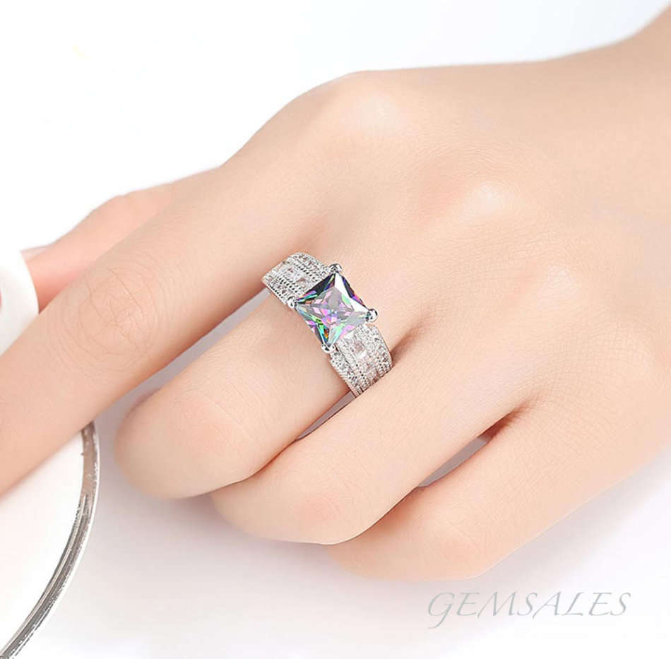 3ct. PRINCESS CUT MYSTIC TOPAZ CZ WITH BAGUETTTE & PAVE INLAY*S925*   SIZE   8  -  Q - 57mm