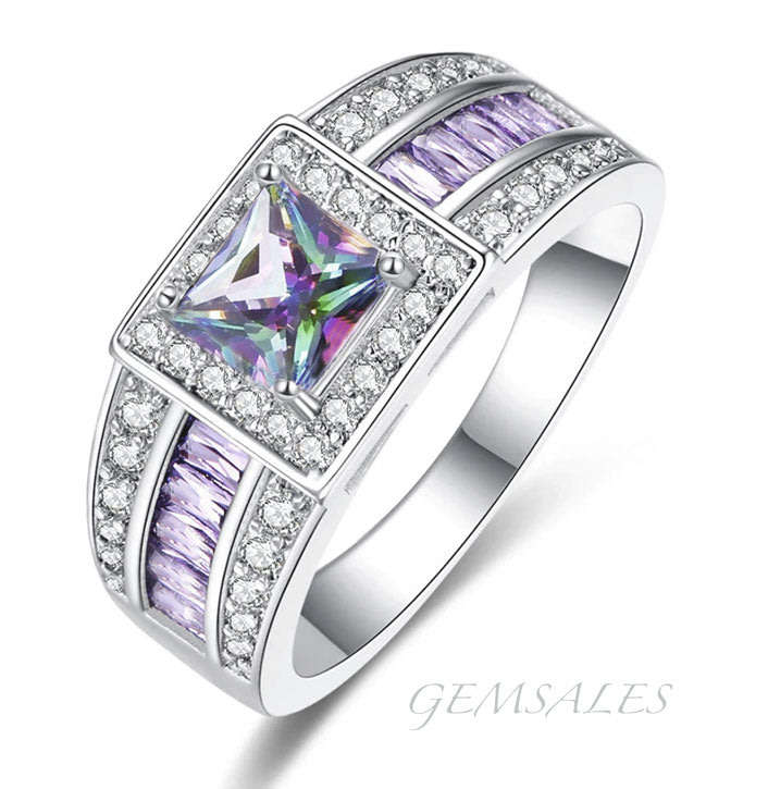 1ct PRINCESS CUT MYSTIC TOPAZ  WITH AMETHYST & CZ INLAY  - SIZE    5.5