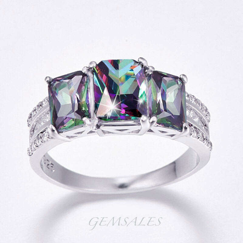 1.75ct. EMERALD CUT *TRILOGY* MYSTIC TOPAZ CZ         SIZES AVAILABLE    6   /   7  /   8