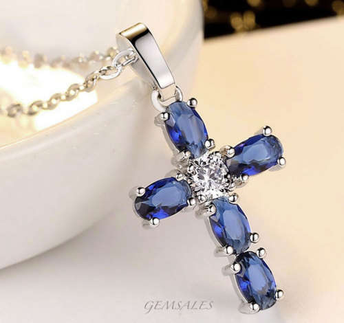 ELEGANT ROYAL BLUE CZ PENDANT NECKLACE  *CHAIN 45cm + EXTENSION 5cm*