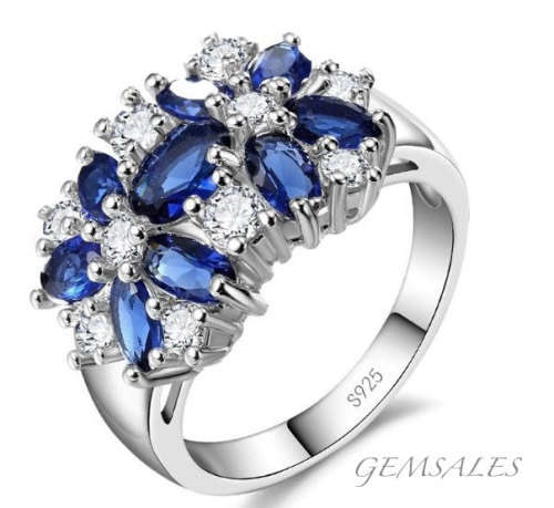 EXQUISITE ROYAL BLUE CZ IN FLOWER SETTING  *S925*    SIZE   6.75  -  N 1/2  -  54mm