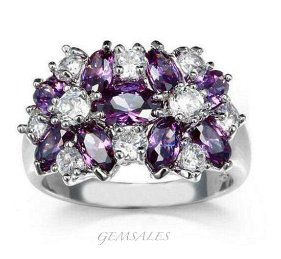 EXQUISITE AMETHYST CZ IN FLOWER SETTING  *S925*  SIZES   6   /  8   /  10    AVAILABLE