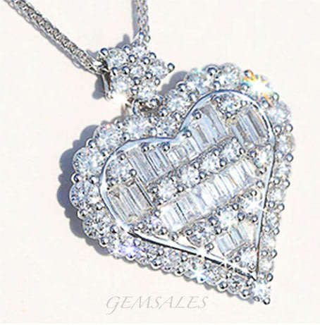 SPECTACULAR HEART PENDANT NECKLACE ENCRUSTED WITH ROUND & BAGUETTE  CZ    *CHAIN 45cm  PENDANT 2cm*