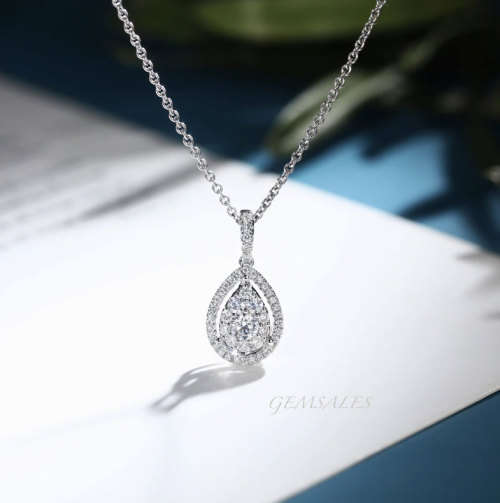 ELEGANT WATER DROP PENDANT NECKLACE .10ct CENTER STONE & MICRO PAVE INLAY CZ *CHAIN 45cm*