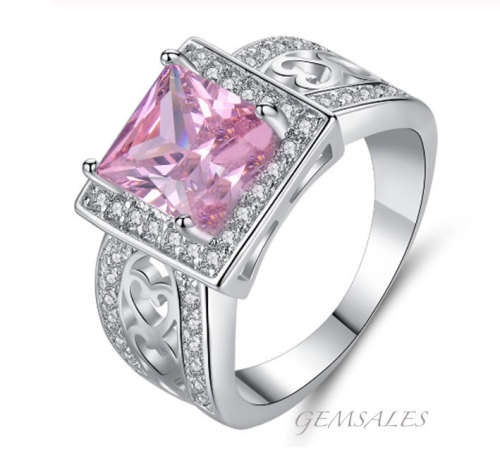 2.05ct PINK PRINCESS CUT TOPAZ IN PAVE SETTING    SIZE   6   -   M   -   52mm