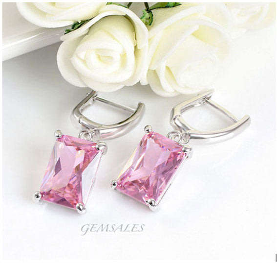 SPECTACULAR 6ct EMERALD CUT PINK TOPAZ CZ EARRINGS