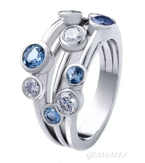 EXQUISITE BLUE & WHITE TOPAZ CZ IN TUBE SETTING*S925* SIZES  5.75  /  6.75  /  7.75  /  9  AVAILABLE