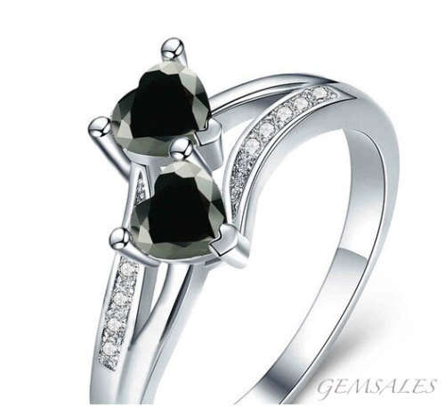 *DOUBLE HEART DESIGN* BLACK TOPAZ CZ #DAINTY#  S925   SIZES   6.75  /  7.75  /  8.75  /  9  /  10