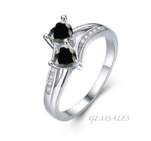 *DOUBLE HEART DESIGN* BLACK TOPAZ CZ #DAINTY#  S925   SIZES   6.75  /  7.75  /  8.75  /  9  /  10
