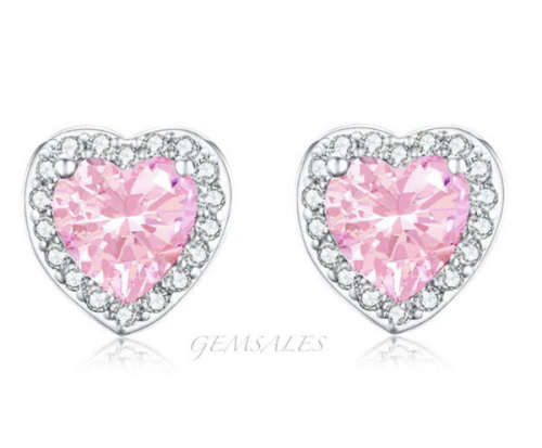 PINK TOPAZ CZ  HEART SETTING STUD EARRINGS  *9x9mm*