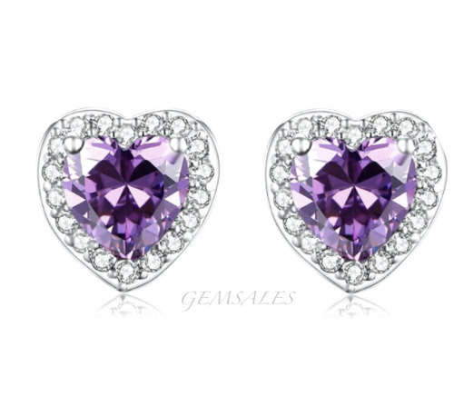 AMETHYST  CZ  HEART SETTING STUD EARRINGS  *9x9mm*