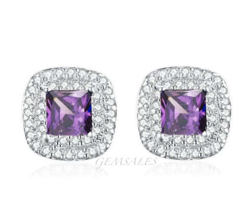 .75ct AMETHYST  CZ  PRINCESS SET IN DOUBLE HALO STUD EARRINGS  *10x10mm*