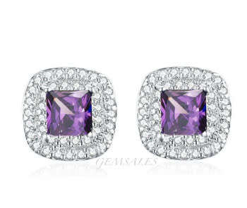 .75ct AMETHYST  CZ  PRINCESS SET IN DOUBLE HALO STUD EARRINGS  *10x10mm*
