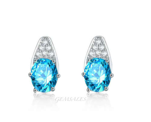 ELEGANT DESIGN 2.5ct OVAL CUT SWISS BLUE CZ  STUD EARRINGS *PAVE SETTING*
