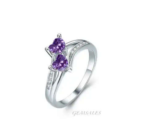 *DOUBLE HEART DESIGN* AMETHYST TOPAZ CZ #DAINTY#   S925    SIZE   6   -   M   -   52mm