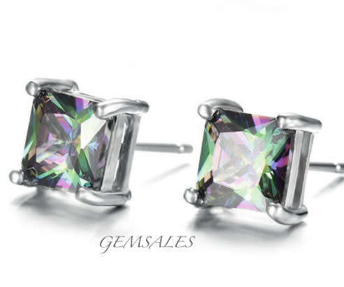 2.9ct Mystic Topaz Princess Cut CZ STUD EARRINGS #NEW ARRIVAL#   8mm