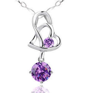 SILVER NECKLACE, DOUBLE HEART PENDANT, GENUINE AUSTRIAN CRYSTAL,  PLATINUM PLATED