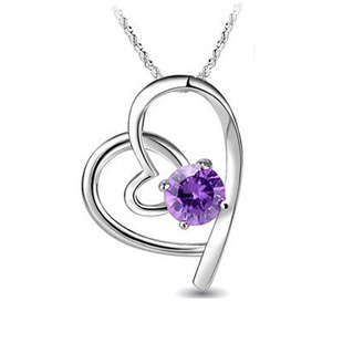 DOUBLE HEART, SILVER NECKLACE, GENUINE AUSTRIAN CRYSTAL,  PLATINUM PLATED