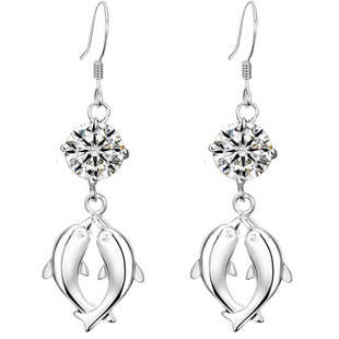 DANGLING DOLPHIN EARRINGS, AUSTRIAN CRYSTAL, STERLING SILVER