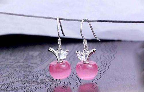 APPLE DANGLING EARRING, PLATINUM PLATED, CAT'S EYE STONE