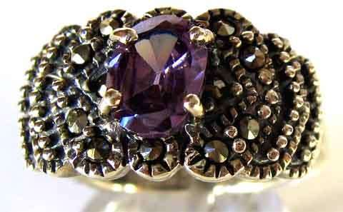 Sterling Silver , Marcasite and Amethyst Ring.