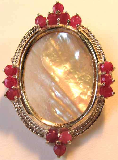 Stunning Sterling Silver and Mother of Pearl Brooch with Rubies.