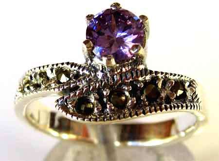 Genuine Sterling Silver , Marcasite and Amethyst  Ring.