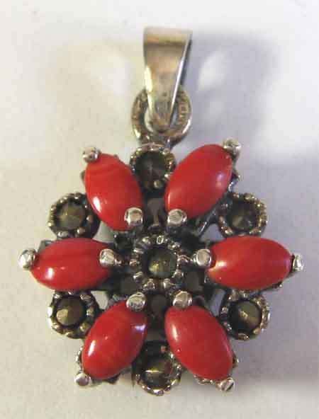 Cute Sterling Silver, Marcasite and Red Coral Pendant.