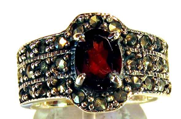 Genuine  Sterling Silver , Marcasite and  Garnet Ring.