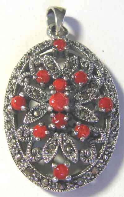 Lovely, Sterling Silver, Marcasite and Corals Pendant.