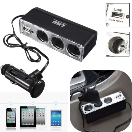 3 Way Car Cigarette Lighter Triple Socket Splitter Adapter DC 12V+USB Charger