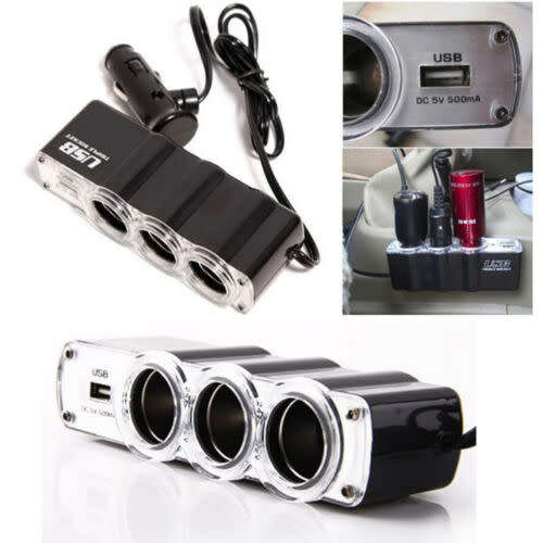 3 Way Car Cigarette Lighter Triple Socket Splitter Adapter DC 12V+USB Charger