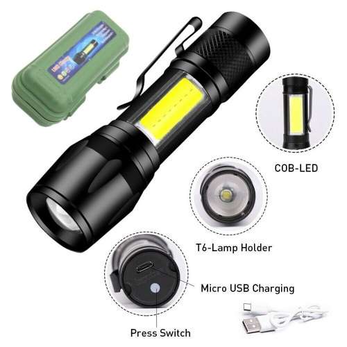 USB Charging Waterproof Zoomable XPE With Handle + COB Flashlight