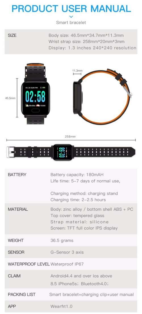 A6 Smart Watch Heart Rate Monitor Blood Pressure Tracker For IOS And Android