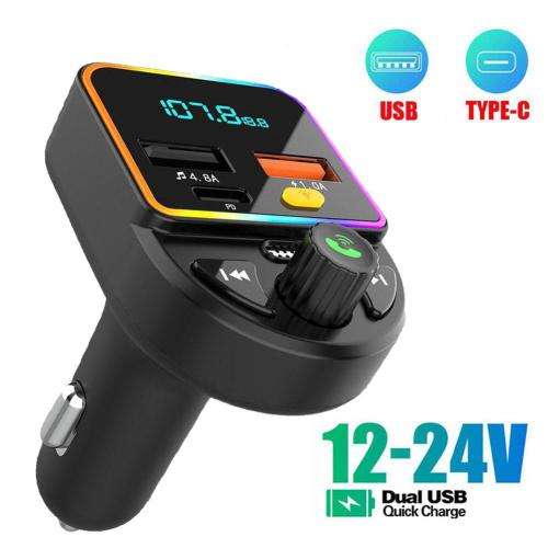 Car Bluetooth FM Transmitter Type-C Dual USB Fast Charger Ambient Light MP3