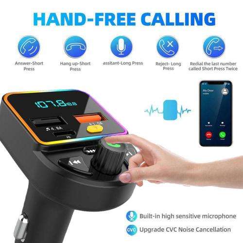 Car Bluetooth FM Transmitter Type-C Dual USB Fast Charger Ambient Light MP3