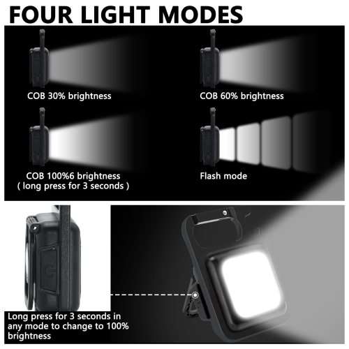 Mini COB Flashlight 500 High Lumens Rechargeable Keychain, 4 Light Modes, with Foldable Stand