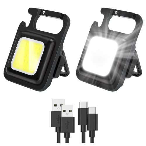 Mini COB Flashlight 500 High Lumens Rechargeable Keychain, 4 Light Modes, with Foldable Stand