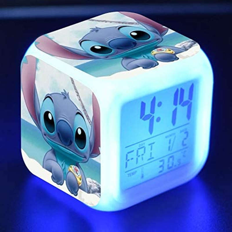 3 Inch Small Size Mini LED Stitch Anime Digital Alarm Clock 7 Colorful Bedroom