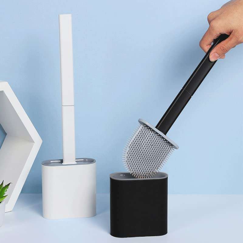 Bathroom Silicone Toilet Brush and Holder Set with Anti-Slip Long Plastic Handle