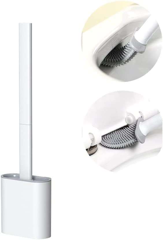 Bathroom Silicone Toilet Brush and Holder Set with Anti-Slip Long Plastic Handle