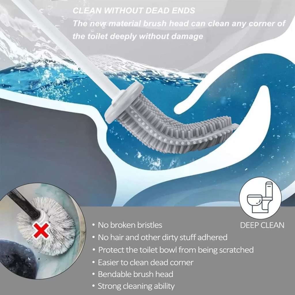 Bathroom Silicone Toilet Brush and Holder Set with Anti-Slip Long Plastic Handle