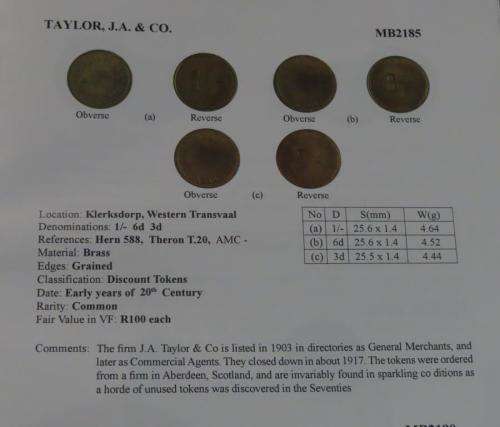 JA Taylor 1/- token (MB2185)